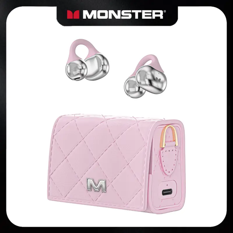 MONSTER Open Ear Clip-On Hook Audio Wireless Earbuds - Bluetooth 6.0, 10mm Deep Bass Drivers, 3.7g Ultra-Light Fit, Sweatproof Stereo, 100H Playtime, Mini Purse Charging Case, Hands-Free Calls, Cells Compatible, Women's Gift - TikTokShopBackToSchool