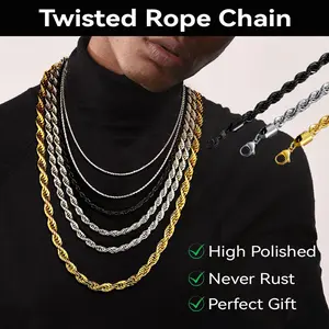 FaithHeart 3MM/6MM/9MM Twisted Rope Chain Necklace 18-30 Inches Stainless Steel Jewelry Durable Color Coating, Hypoallergenic Unisex Stackable Accessories for Daily Wear Best Gift