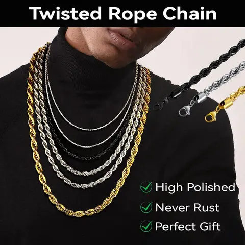 FaithHeart Multi-Width Twisted Rope Chain Neckpiece - 3MM/6MM/9MM, 18-30 In Stainless Steel Classic Twist Jewelry, Hypoallergenic Unisex Figaro Link, Durable Color Coating, Casual Durable Fashion Accessory for Daily Wear Gift, Classic Twist Necklace