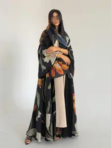 Floral Printed Loose Fit Abaya Outerwear, Long Cardigan with Headscarf, Muslim Women's Clothing, All Seasons Fashion, Abayas for Eid