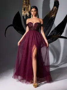 Girls' Sequined A-Line Evening Dress, Sweetheart Neckline, Sheer Mesh Skirt, Bodycon Top, Graduation Prom, Party or Wedding Guest