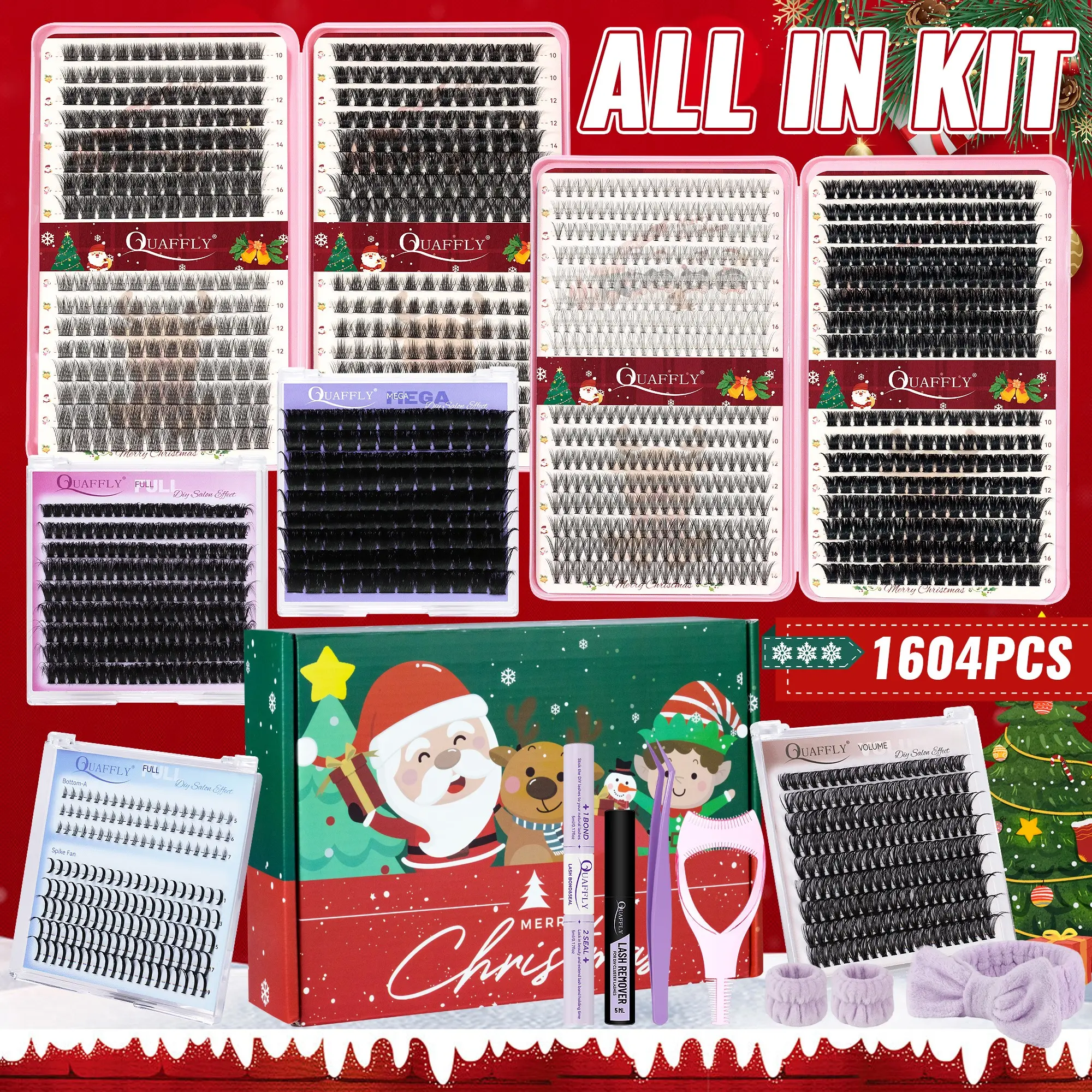 Christmas Lash Clusters Kit 1604pcs Fluffy Individual False Eyelash Lashes Clusters Kit With Spikes Lashes and Bottom Lash Fluffy Lash Clusters Volume Eyelashes Kit With Bond & Seal  Remover Tweezers Headband Wristband Mascara Guard