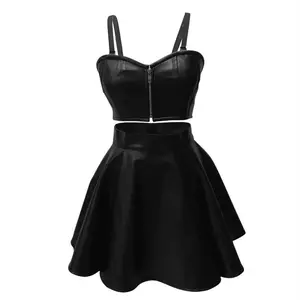Handmade Black Corset Top & Faux Leather Skirt Set - Plus Size Spaghetti Strap Casual Gothic Summer Outfit for Women Cosplay