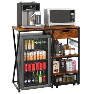 Space-Saving 3-Tier Mini Fridge Stand with Storage Shelf – Built-in Power Outlet, Pull-Out Work Platform, Basket – Heavy Duty 160lbs Kitchen Rack – Multi-Functional Storage Organizer for Dorm, Apartment, Coffee Bar, Office