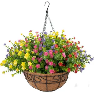 Artificial Hanging Flowers Basket, 16 UV-Resistant Bundles of Realistic Fake Flowers, Faux Plants for Outdoor Decor, Home, Garden, Porch, Patio, Spring & Summer Decorations