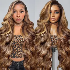 26inch Honey Blonde Ombre Lace Front Wig Blended Human Hair 4x6 Transparent Lace Front Wig Human Hair 4/27 Highlight Ombre Body Wave Lace Frontal Glueless Wigs Pre Plucked with Baby Hair