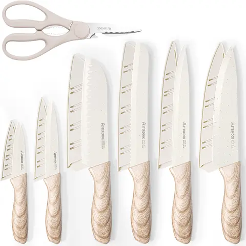 Astercook 7-Piece Kitchen Knives Set - High Carbon Stainless Steel Chef Knives with Non-Stick Ceramic Coating, Rust-Safe Blades, Ergonomic ABS Handle, Bread-Cutting Teeth, Scissors, Dishwasher-Safe for Daily Use Durable Cooking Supplies
