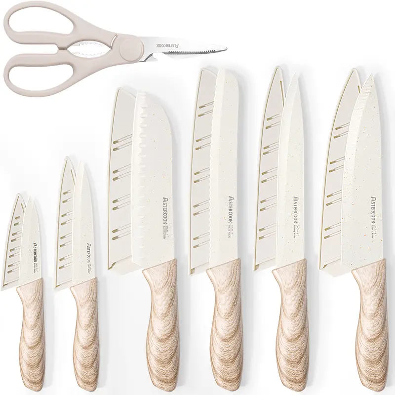 Astercook 7-Piece Kitchen Knives Set - High Carbon Stainless Steel Chef Knives with Non-Stick Ceramic Coating, Rust-Safe Blades, Ergonomic ABS Handle, Bread-Cutting Teeth, Scissors, Dishwasher-Safe for Daily Use Durable Cooking Supplies