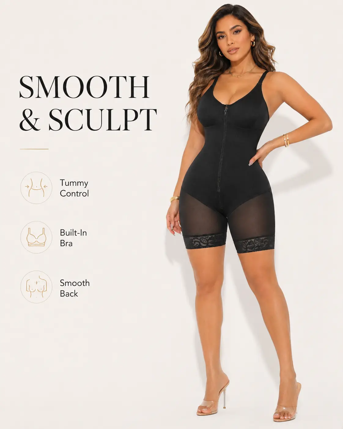 Girlsnufit Women's Black Front-Zip Shapewear Bodysuit with Built-In Bra, Tummy Control, Adjustable Straps and Faja Shorts