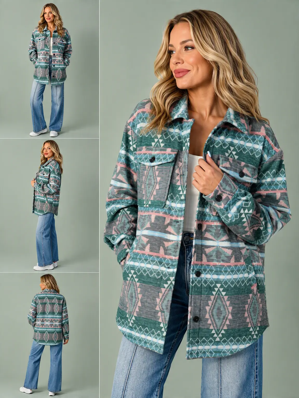 Women's Green Geometric Print Button-Front Long-Sleeve Relaxed Shift Shacket with Patch Pockets, 100% Polyester Womenswear Outerwear Long Sleeve Shirt
