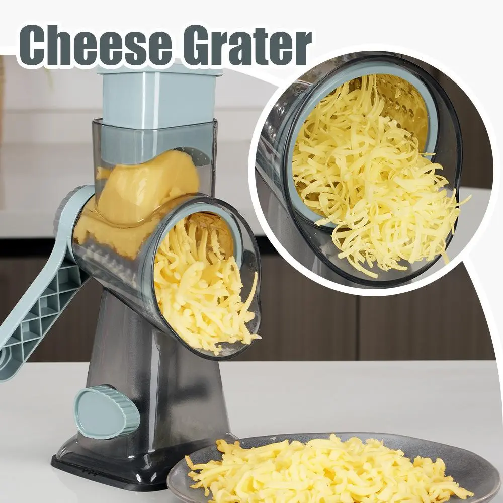 3-in-1 Rotary Cheese Grater with Handle, Ice Crusher, Vegetable Slicer, 3 Blades, Strong Suction Base, Multifunctional Kitchen Gadget for Food Prep Utensils