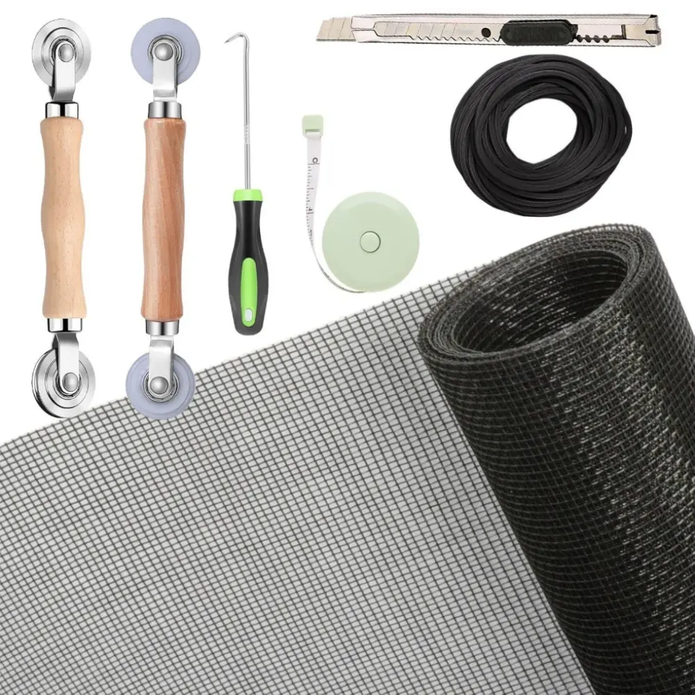 7 pcs Windows Screen and Screen Door Repair Kit Including Window Screen Mesh, Rolling Tool, Hook, Ruler, Cutter, Spline - Window Screen Repair Kit