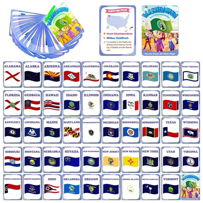 50PCS America State Flag Flash Cards for Kids - Waterproof U.S. State Flag Education Flashcards