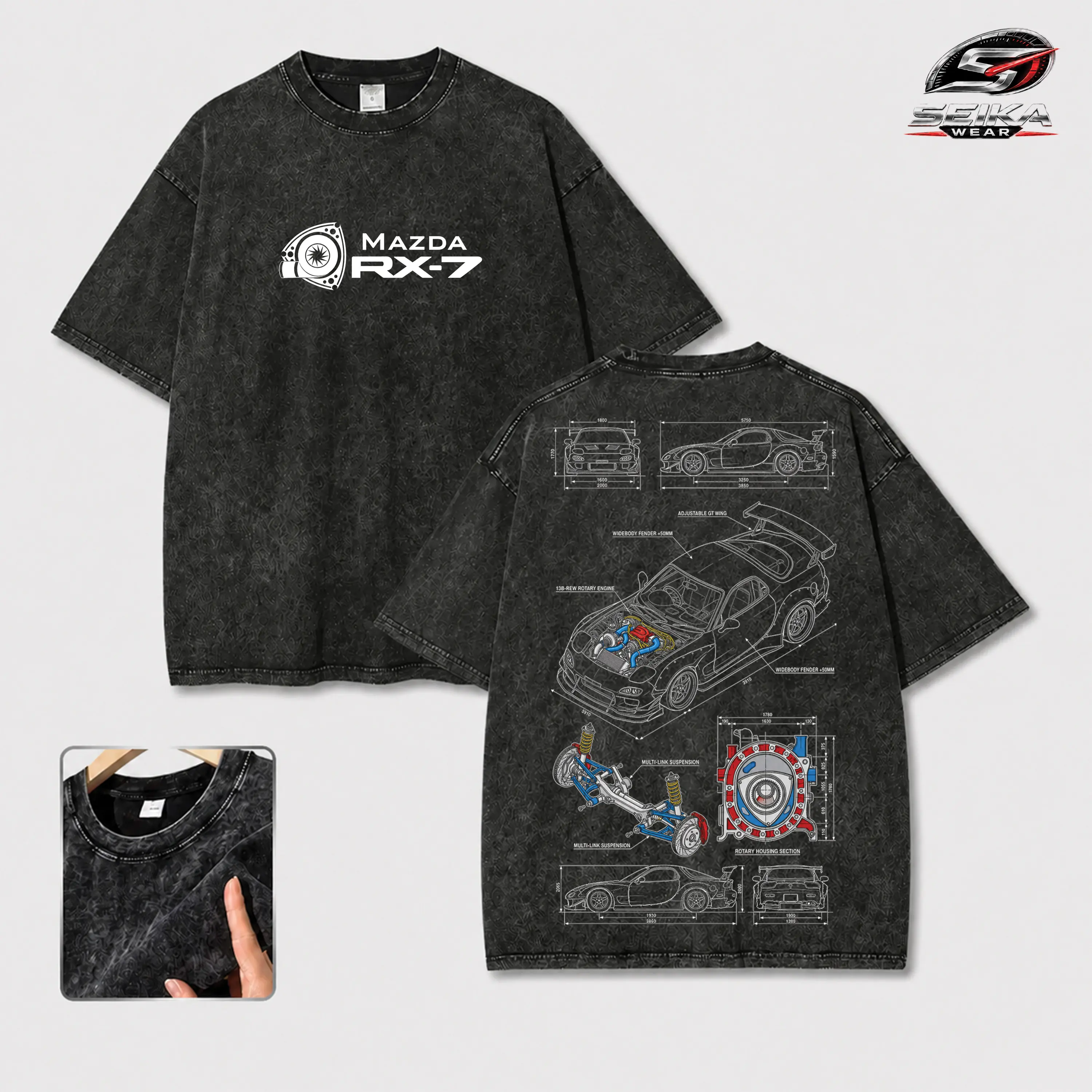 Vintage JDM Sports Car Mazda RX-7 Graphic Acid Washed T-Shirt, Japanese Streetwear Racing Shirt, Retro Y2K Auto Graphic Tee, Drift Car Enthusiast Shirt, Casual Streetwear Outfit for Men