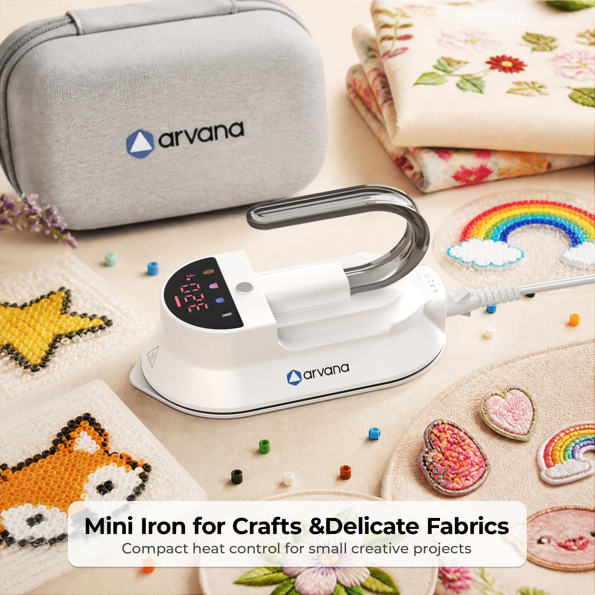 Mini Travel Iron for Clothes - Dual Voltage 100-240V Lightweight Portable Dry Iron with Case, Digital Temp Display, Detachable Handle & Cord, Nonstick Soleplate for Sewing, Quilting, Crafts