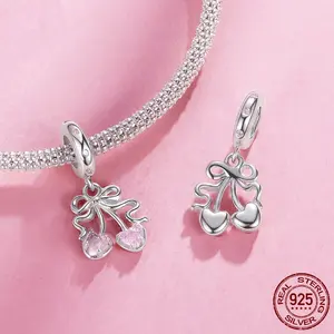925 Sterling Silver Pink Heart Cherry Charm Bead for Bracelet