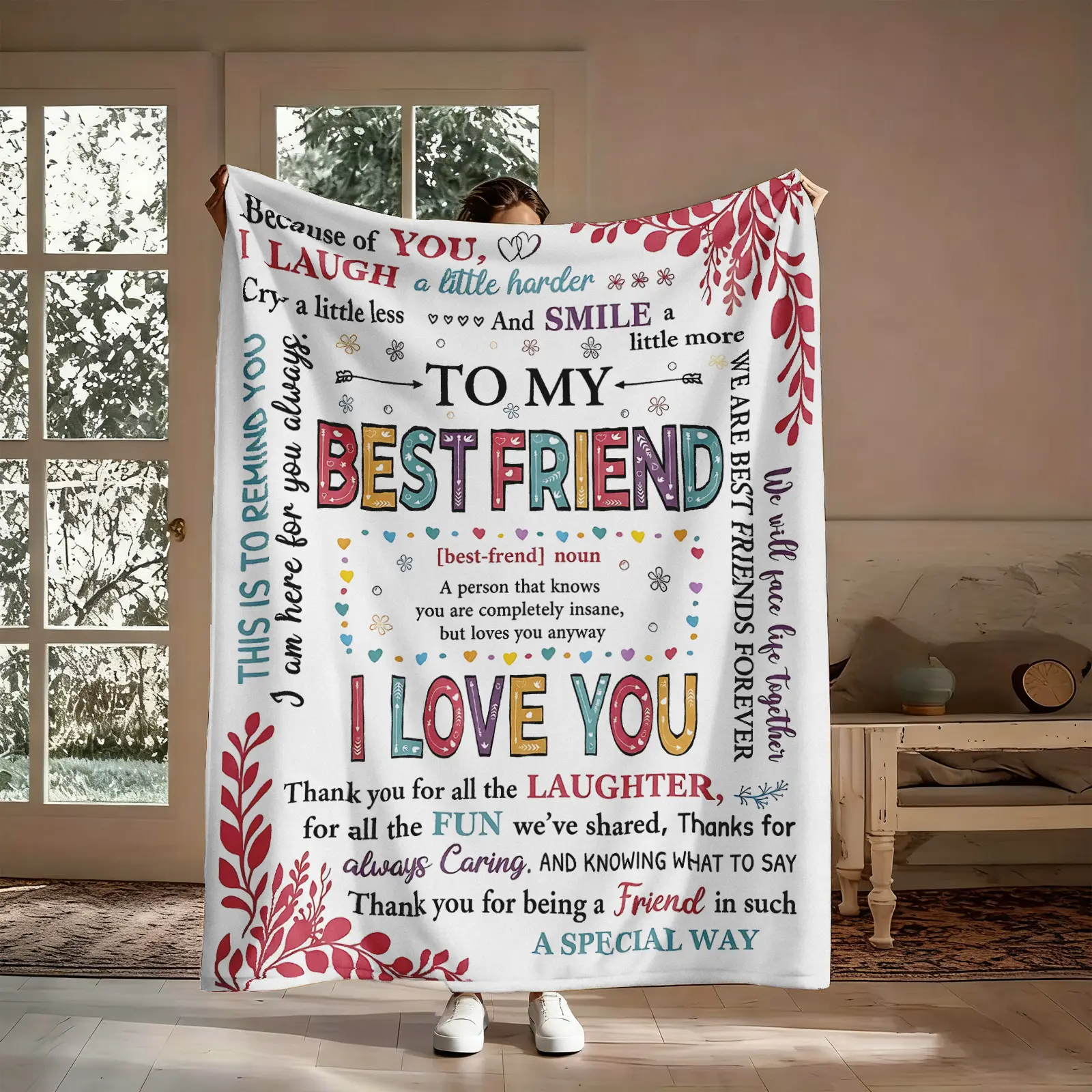 Double-Sided Flannel Fleece Best Friend Blanket - Wrinkle Resistant, All Seasons, Durable, Colorful "I Love You Friendship" Soft Throw with "Because Of You I Laugh Harder" Pattern, Birthday Gift for Bestie Her, Cozy Nap Blanket for Home Office