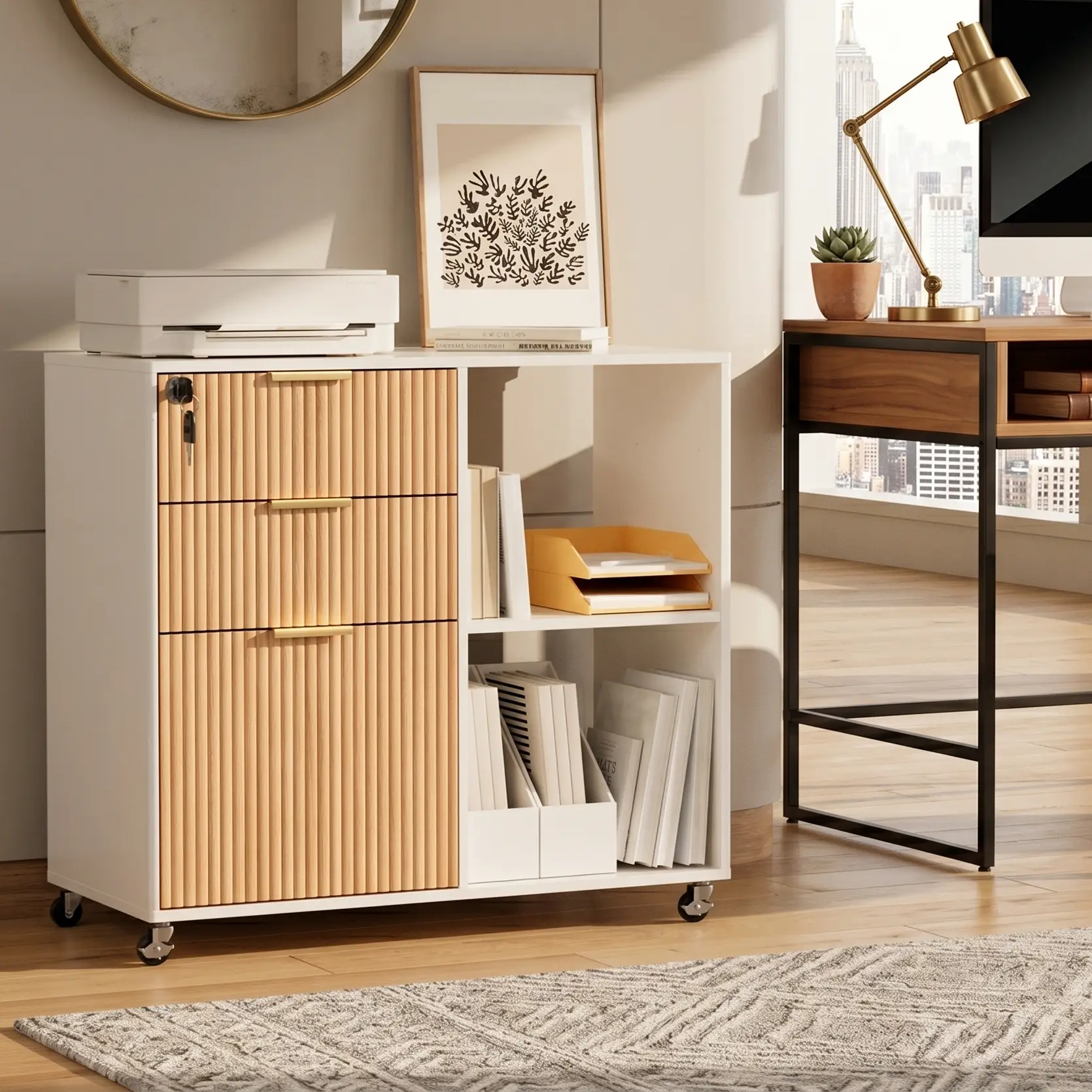 Fluted Oak Wood 3-Drawer Lateral Filing Cabinet for Home Office, Mobile Printer Stand with Lock