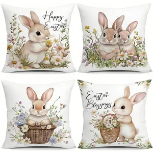 4pcs, Bohemian  Easter Throw Pillow Covers,  Bunny Floral Egg Pattern, Suitable for Living Room, Bedroom, Sofa and Bed, Spring Summer Decorative, Cute Throw Pillow Covers, Single Sided Printing, No Pillow Core