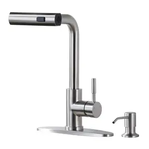 WOWOW 3-Mode Single Handle Waterfall Pull Down Sprayer Kitchen Faucet with soap dispenser in Stainless Steel Brushed Nickel