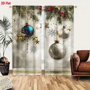 2D Flat Christmas Curtain Set 2 Panels, Evergreen Pine Branch Decor with Golden Stars Silver Snowflakes Baubles Red Berries Ornaments, Soft Bokeh Background Table Decor Style, Light Filtering Thermal Insulated Window Curtains for Living Room Bedroo