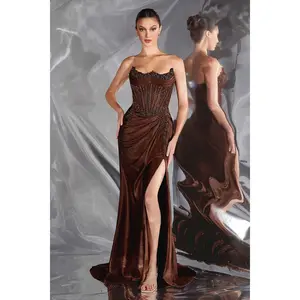 Ladivine CC463 Strapless Sweetheart Fitted Satin Corset Gown - Women's Formal Prom Evening Dress with Soft Fabric, Ruched Hips, Glitter Accents, Side Slit, Lace-Up Closure