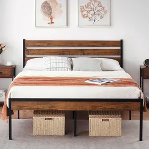 Rustic Brown Wood-Framed Farmhouse Platform Bedframe with Bedroom Furniture Headboard, Footboard, Metal Core, Wooden Slats, Easy Assembly, No Box Spring Needed, Indoor Bedroom Furniture Base Foundation, Bedframes