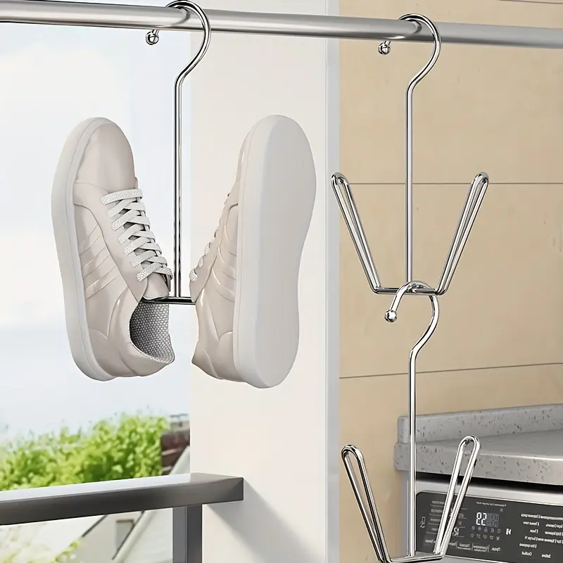 Stainless steel shoe rack and clothes hanger, metal hanging shoe storage rack, ready to use, load-bearing and rust-resistant, allows drying and storing shoes in one step, suitable for home, dormitory, balcony, etc.