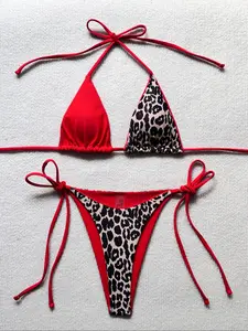 Two-Piece Set Women's Leopard/Rainbow Print Halter Triangle Bikini Set, Halter Neck Bikini, High Stretch Casual Fashion Chic Tie Back Backless Sleeveless Swim Top & Tie Side Swim Bottom for Beach Holiday Vacation, Ladies Swimwear for All Seasons