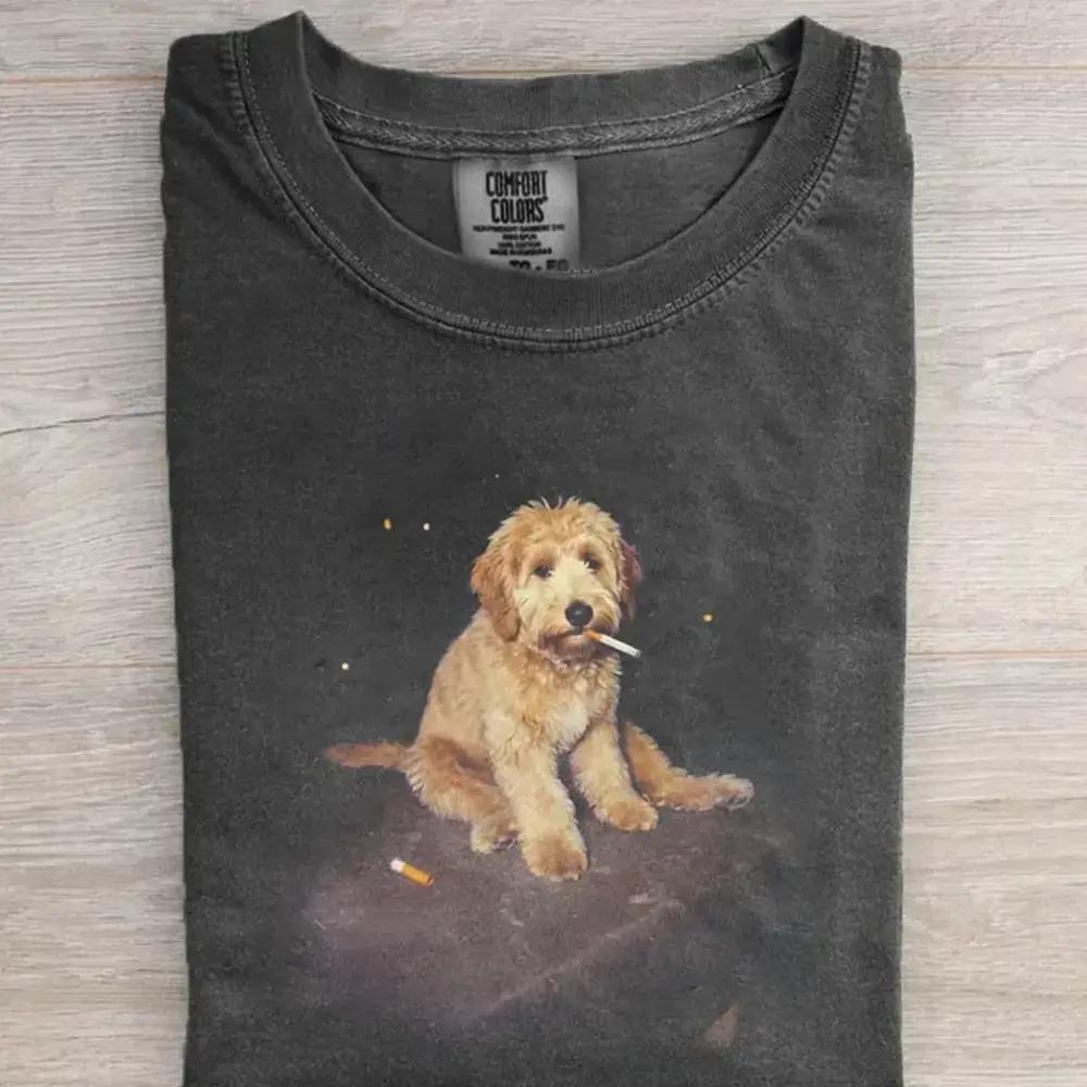 Funny Goldendoodle Smoking Meme T-Shirt, Cool Goldendoodle Graphic Tee, Vintage Dog Meme Shirt, Dog Mom Dog Dad Gift, Streetwear Pet Lover Shirt for Men Women