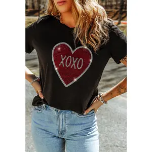 Black Rhinestone XOXO Heart Graphic Crewneck Tee