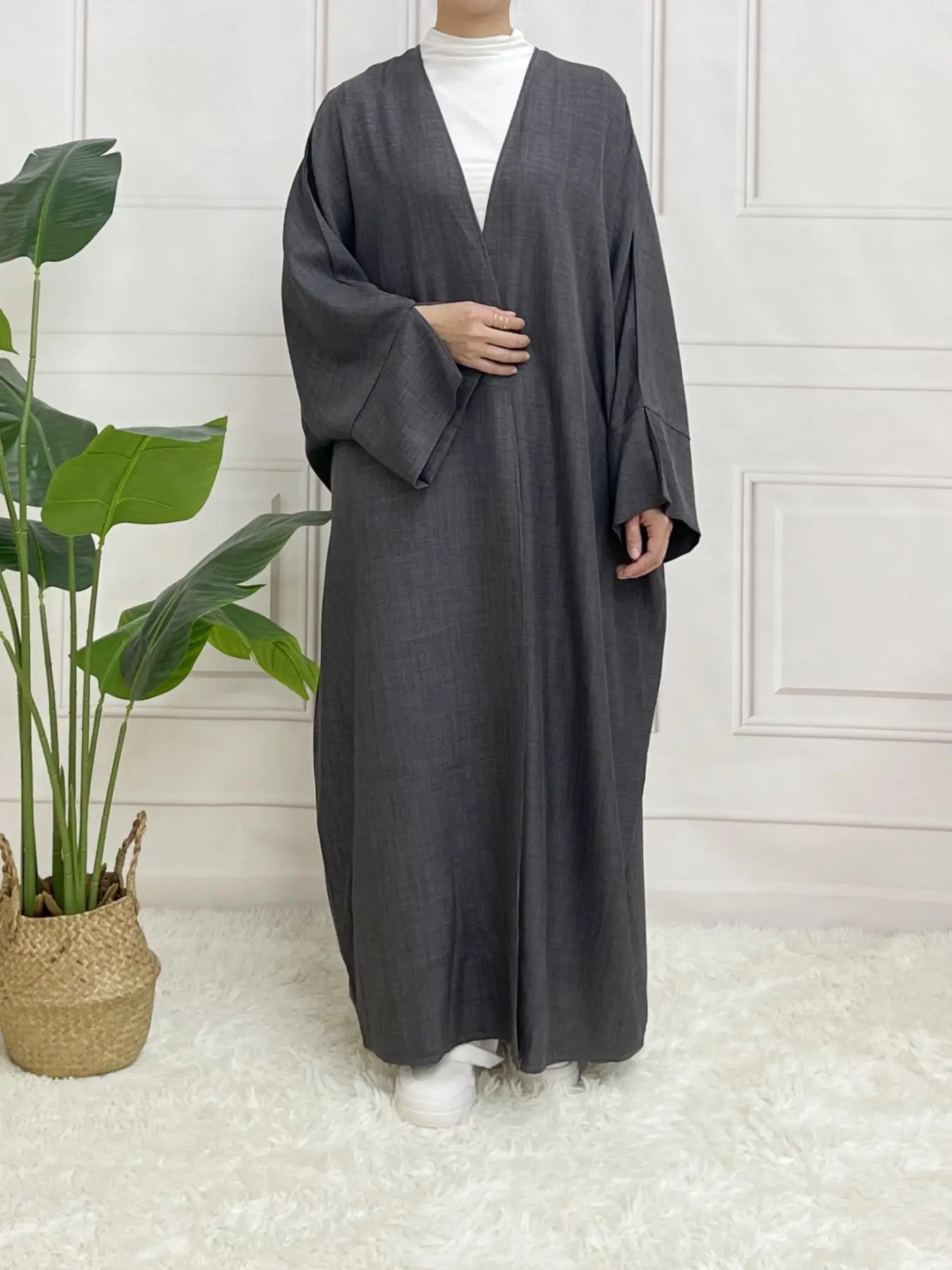 Arabic Clothing-solid Color Split Sleeve Loose Open Abaya, Modest Long Sleeve Open Front Outerwear for Women, Women's Islamic Clothing for Spring & Fa