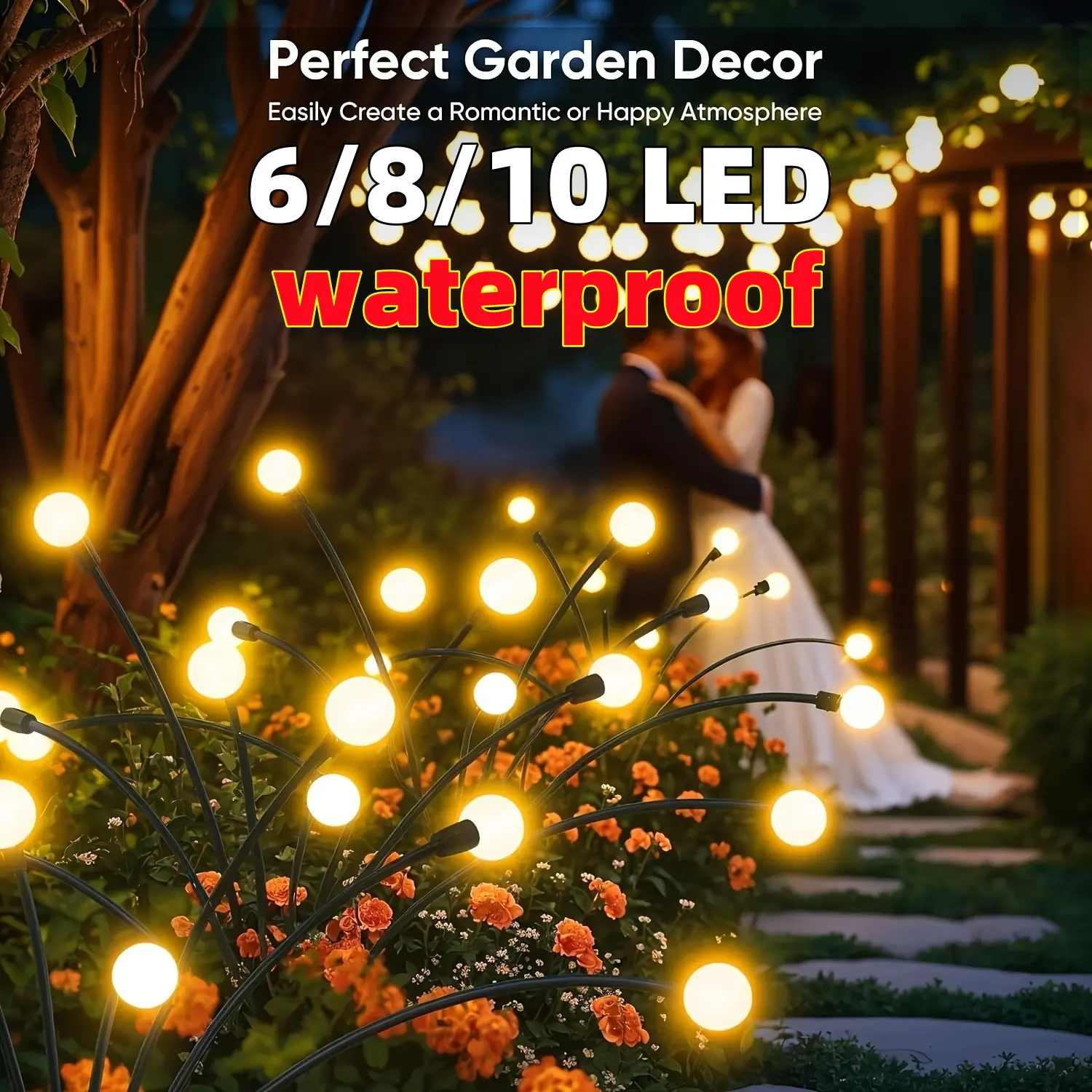 2-Pack 600mAh IP65 Waterproof Firefly Solar LED Light Fixtures, Wall-Mount Long-Lasting Pathway Lanterns, Outdoor Decor for Courtyards, Gardens, Led Lights