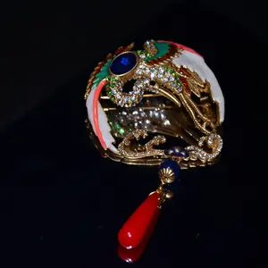 Vintage Crane Brooch & Pendant, Natural Lapis Lazuli & Carnelian Gold Tone Jewelry, Longevity Gift