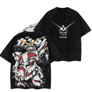 Power Unicorn RX-0 Gundam  Retro Monsterverse Unisex Vintage Washed Double Printed Heavyweight Cotton Oversized Wash Tee, Hoodie Washed Workout Clothes, Gym Workouts, Clothes for Daily Wear