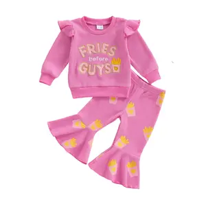 Sprifallbaby Toddler Girl 2-Piece Valentine's Day Gift Set - Cotton Blend Long Sleeve "Fries Before Guys" Embroidered Sweatshirt, Flared Pants
