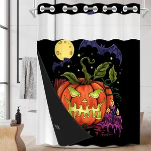 1 Pack No Hook Double Layer Shower Curtain, Halloween Pumpkin & Bat Print Bath Curtain, Machine Washable, Waterproof, Mildew Resistant, Durable Fabric, Holiday Bathroom Decor, Removable Liner, Top See-Through Window, Partition Curtain 71"×74"