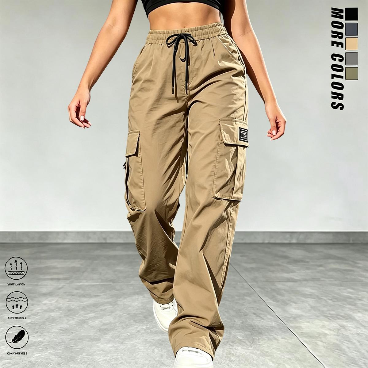 3PCS women’s cargo pants: casual, elastic waist, Bohemian minimalist basic women’s pants with pockets; suitable for summer outfits, vacations, and beachwear; sporty casual style; comfortable loose fit; casual drawstring high-waist pants; loose, comfortabl