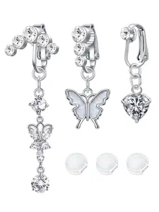 3Pcs Fake Belly Button Piercing for Women Dangle Butterfly Heart Clip on Belly Button Rings Silver Gold Pink Fake Belly Button Rings Non Piercing Belly Rings Stainless Steel Faux Navel Jewelry, Belly Piercing Ring Chain, Belly Hoops