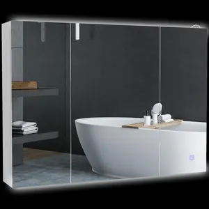 kleankin LED Lighted Medicine Cabinet with Mirror, 26"x36" Wall-Mounted High Gloss White Bathroom Storage Cabinet, 3-Color Lighting, USB Charging Port, Adjustable Shelf, Led Lighted Cabinet