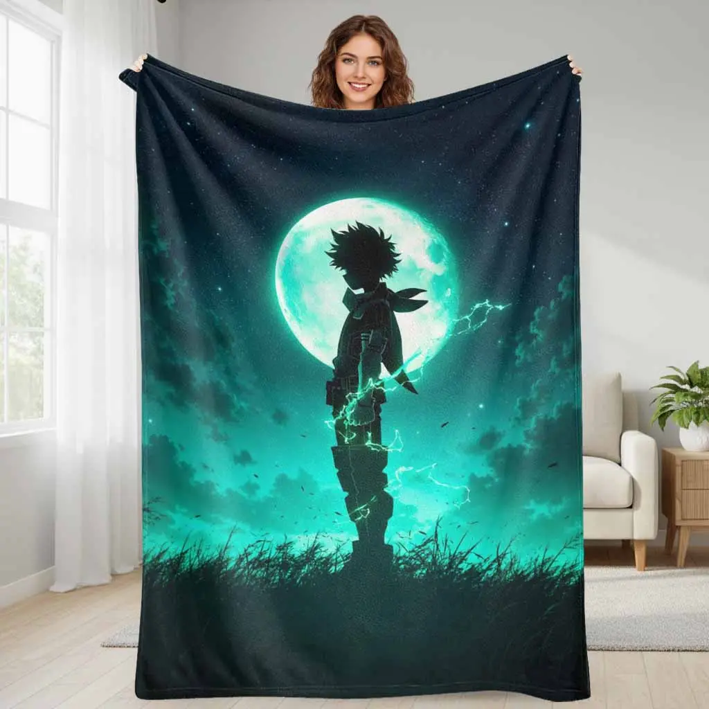 Moonlit Anime Hero Flannel Blanket Electric Lightning Silhouette Print Soft Cozy Lightweight Warm Plush Throw for Bedroom Sofa Gaming Room Travel Dorm Gift, 30*40 Inches, 30×40 Inch / 76×101Cm (Mini), Breathable