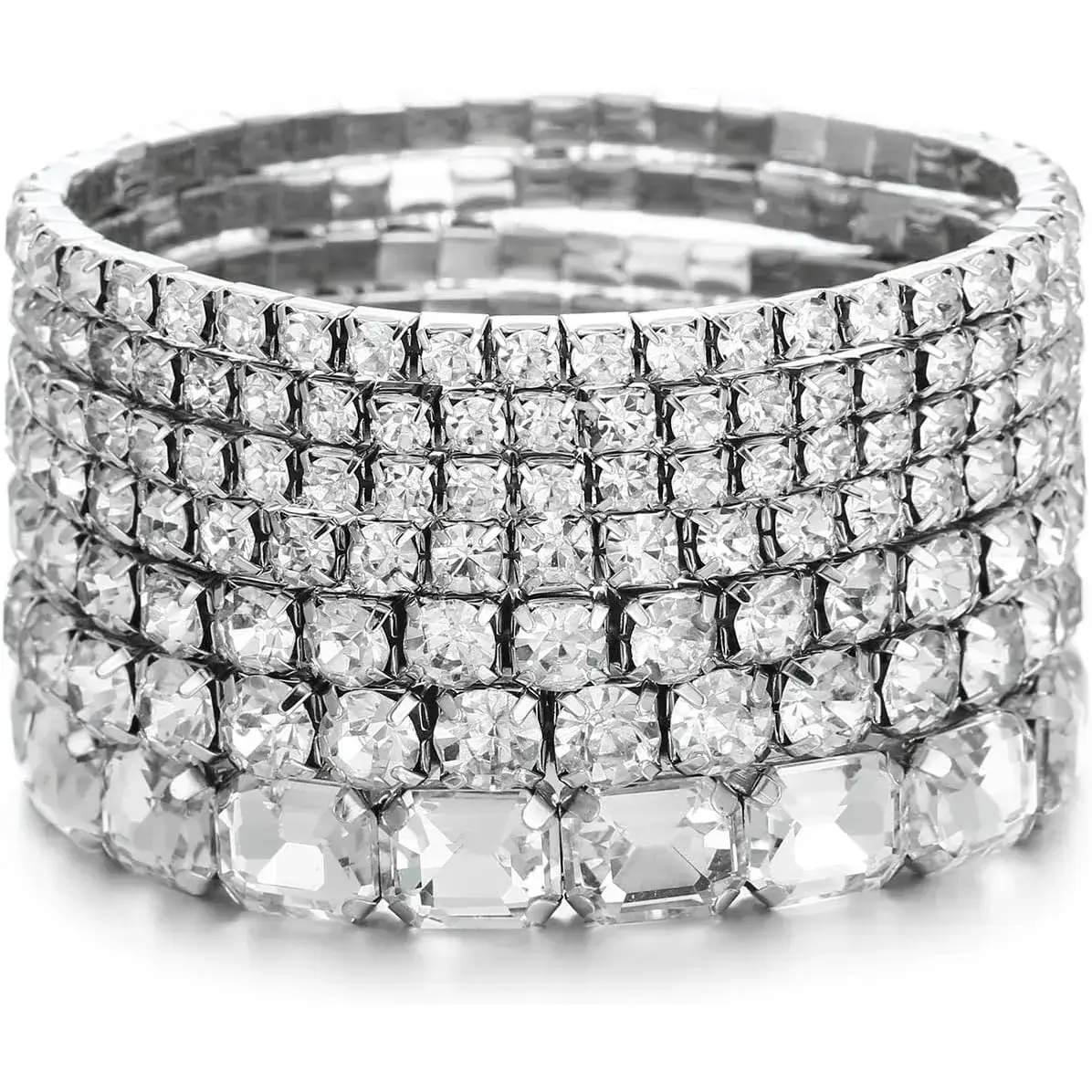 Women's 7-Piece Crystal Stretch Bracelets Set - Elastic String, 4 Sizes of Rhinestones, Adjustable, Classic and Fashion Female Costume Jewelry for Daily Wear, Bridal Wedding Evening Party, Birthday Gift, Adjustable Size, 4 Different Sizes Of Crystal