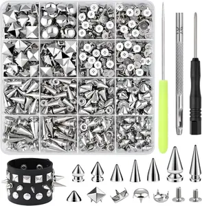 630-Pcs Punk Metal Studs & Spikes Leathercraft DIY Kit - 10 Sizes (Cone, Square, Round Dome, Pyramid) with Rivets & Tools for Clothing, Bags