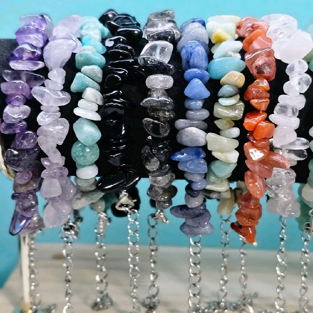 Natural Crystal Chip Bracelets with Metal Clasp & Extendable Chain Adjustable Length 23 different Crystal Varieties natural gemstone