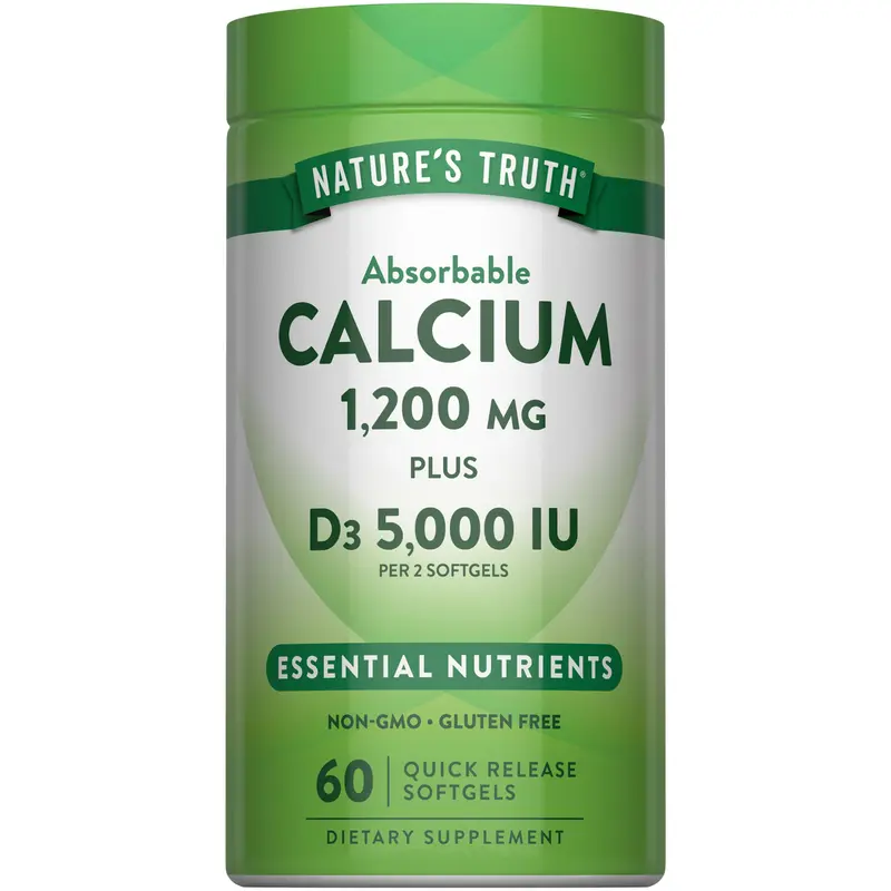 Nature's Truth Calcium 1200mg with Vitamin D3 5000 IU - 60 Softgels - from Calcium Carbonate - Non-GMO & Gluten Free