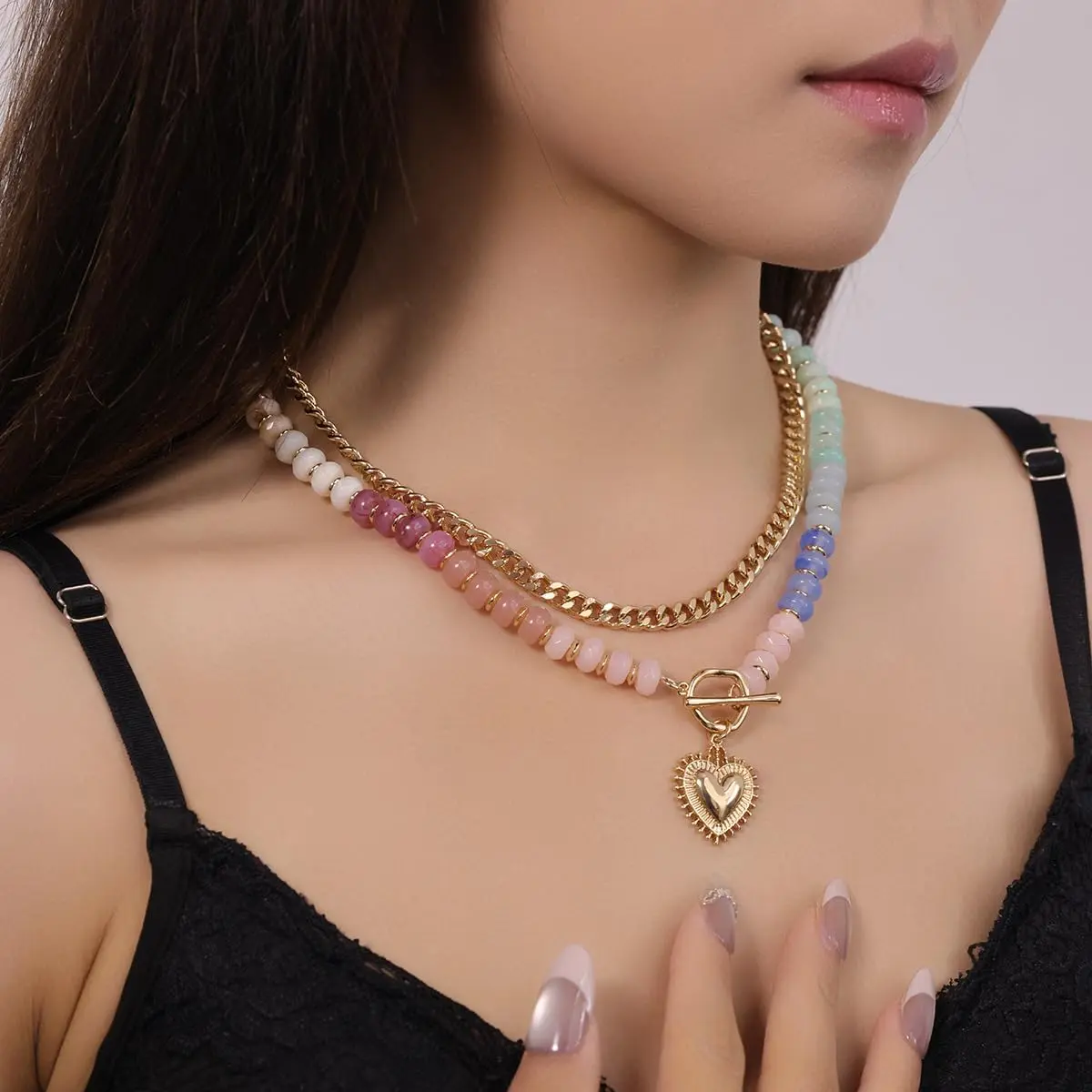Colorful Acrylic Beaded Necklace For Women, Boho Double Layer Rainbow Beads Thick Cuban Chain Chunky Heart Pendant Statement Choker Summer Beach Jewelry Gift
