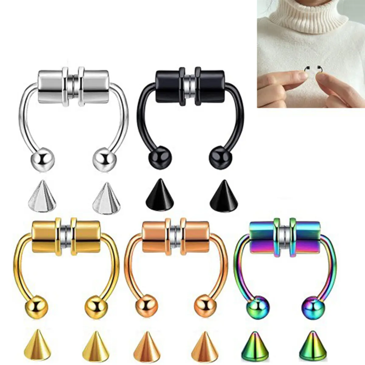 Double ring nose rings for women, no piercing required, stainless steel clip-on rust-proof magnetic septum clip for men and women