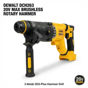 DEWALT DCH263 20V MAX Brushless SDS Plus Rotary Hammer with 5.0Ah Lithium Ion Battery and Rapid Charger for Industrial Concrete Drilling Masonry Chisel Projects Featuring 3.0J Impact Energy and Shocks Vibration Control