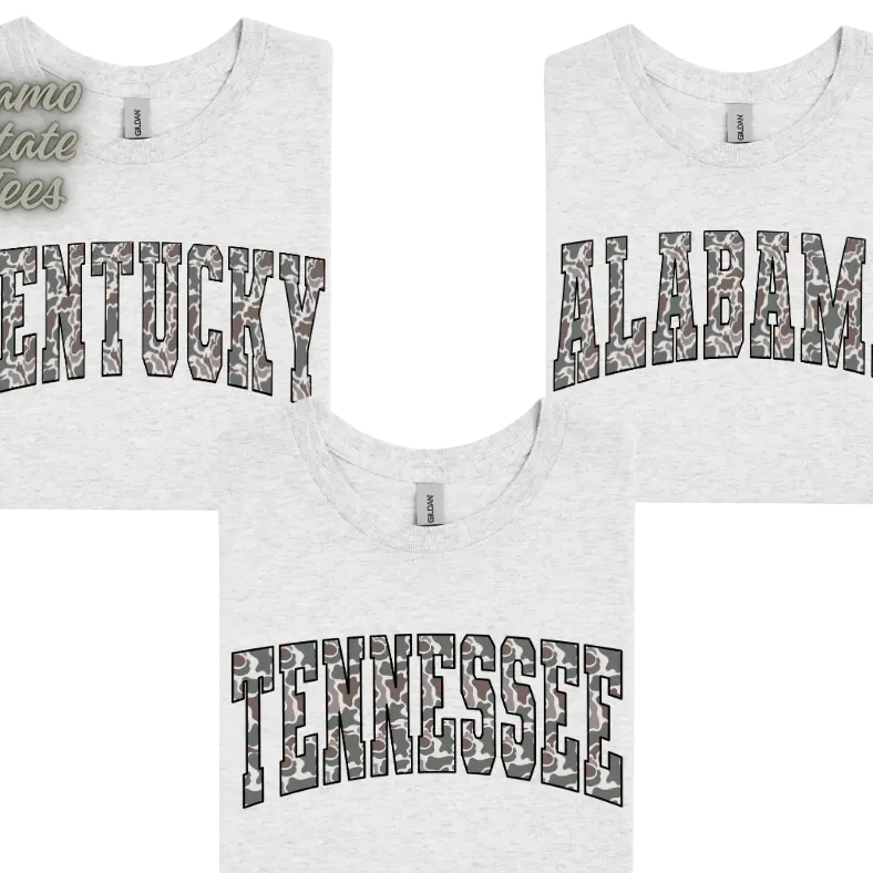 Camo State Tshirts and Sweatshirts - Tennessee Design in Camouflage Pattern for Apparel Enthusiasts