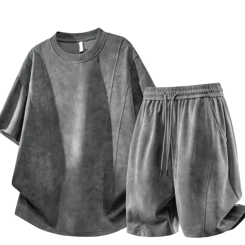 Textured Washed Grey Two Piece Men’s Summer Matching Outfit, Seam Detail Round Neck Short Sleeve Top With Elastic Double Drawcord Knee Shorts, Comfort Light Fabric Co Ord Suit For Travel Daily Urban Use#SummerWins